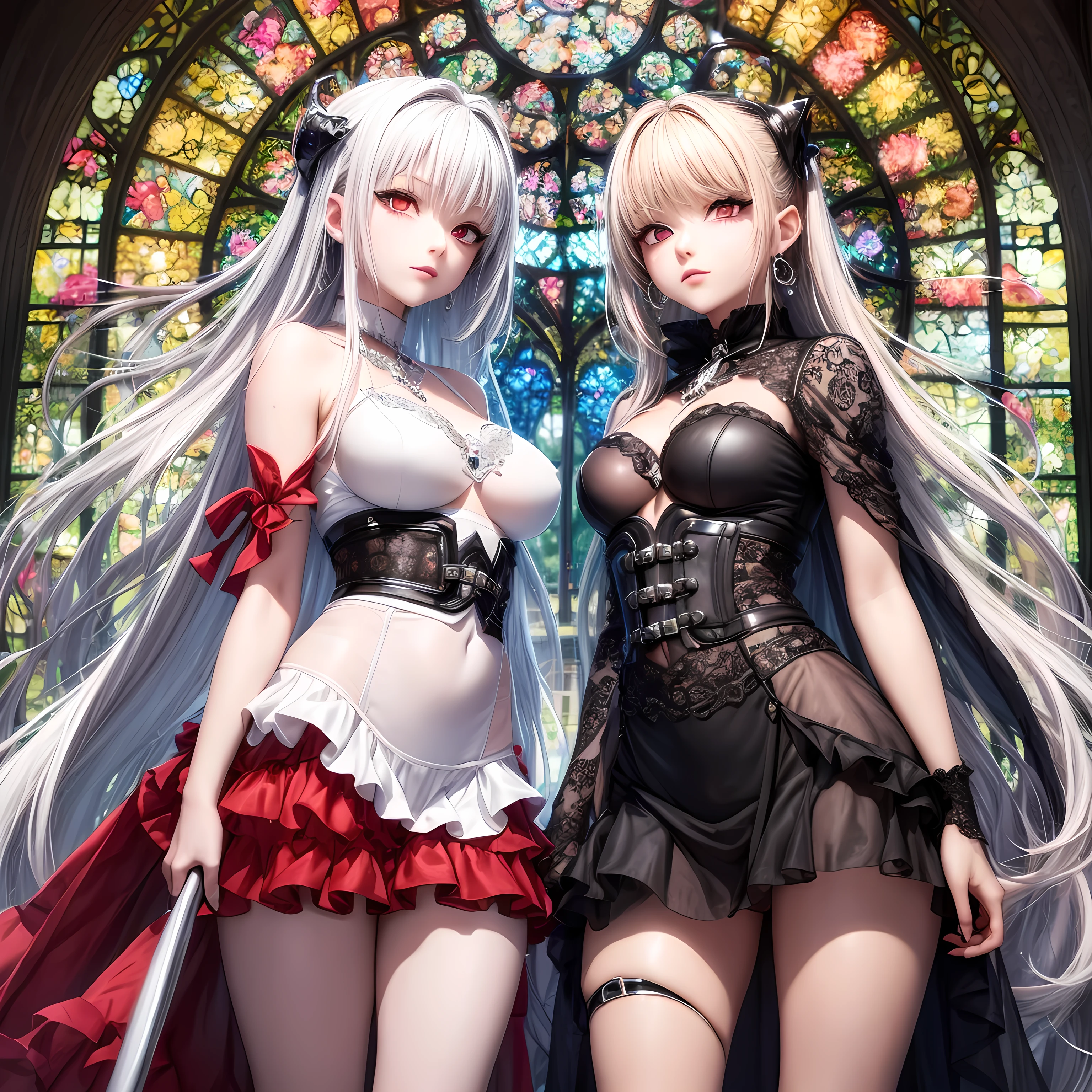 quality,8k,Highly detailed CG unit, masterpiece,High resolution,top-quality, real texture skin,surreal,Increase the resolution,RAW Photos,highest quality,Very detailed,From below,Cool Beauty,Glamour Women, Cool pose,Goth,A skirt full of frills,Red accent embroidery,long hair shining white, Mysteriously glowing crimson eyes, Queen, world, Crystal Flower,Sparkling stained glass like a kaleidoscope,Majestic cathedral,Layered skirt with details, Detailed embroidery, Very layered ruffles, Detailed Texture,A geometric magic circle above your head,Ornamented Silver Scythe,The hidden forbidden sanctuary,