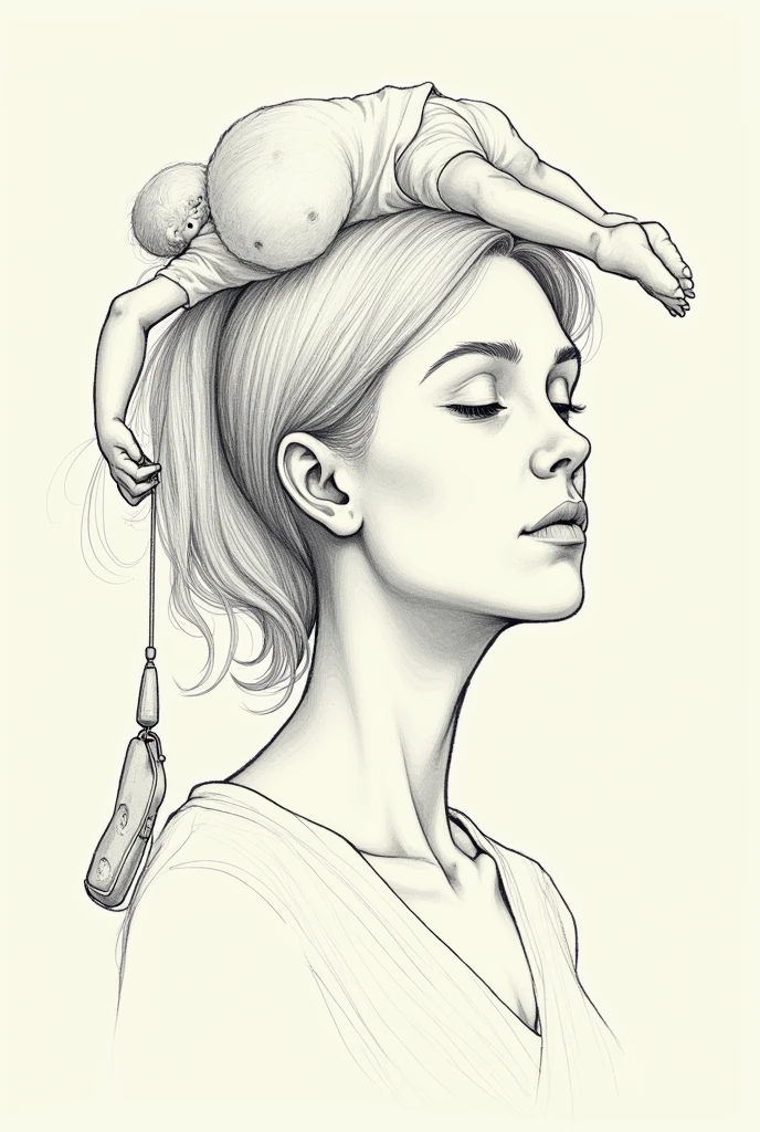 Create a sketch image woman head and one child hanging from her hair and child leg tie up with one mobile