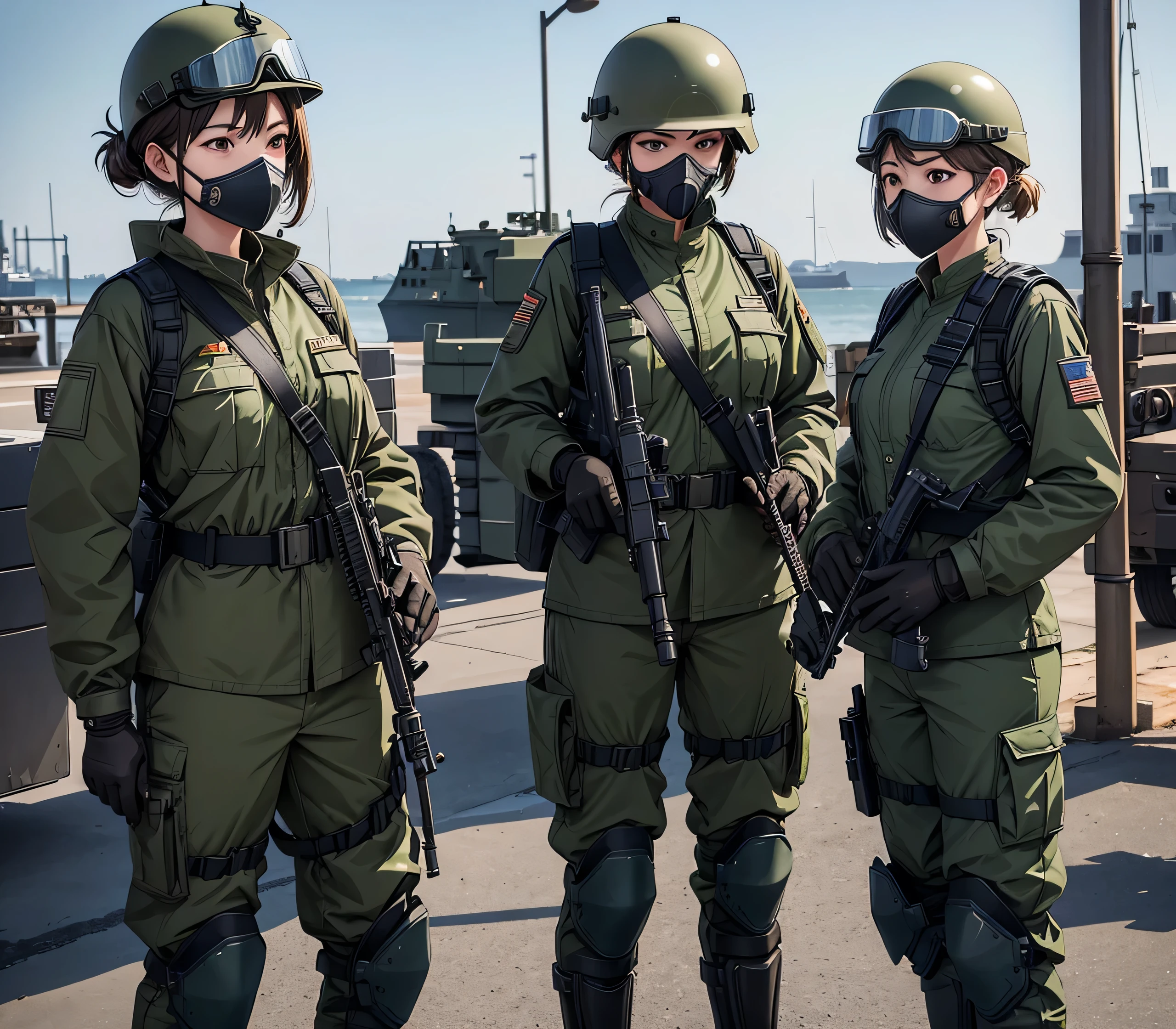 A group of female soldiers at the port dock、All wearing dark green M-51 military uniforms、Wear a steel helmet、Wear goggles、wearing gas masks、Military Pants、Knee pads、Standing guard with gun、Write details、masterpiece、best quality、Highly detailed CG、8K quality