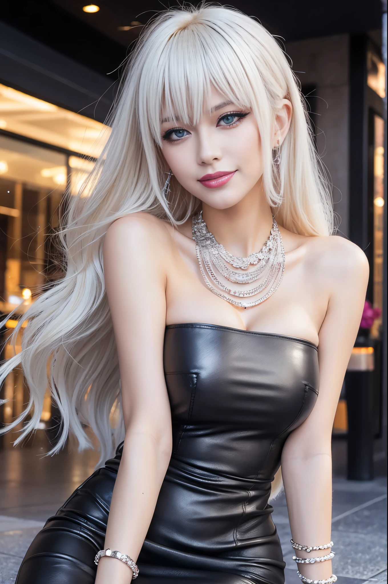 sexy russian model, beautiful smile, lipgloss, dramatic makeup, closeup photo, (sparkling large necklace), (sparkling large bracelets), day scene, large shopping mall background, gyaru, (((platinum blonde stylish hair))), ((business style dark grey leather dress)), sweet and sexy, seductive look
