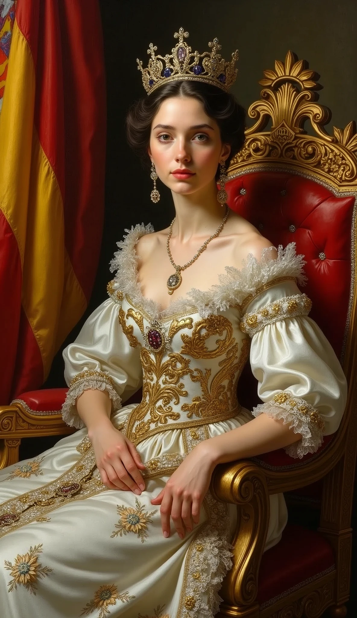 Young and beautiful Queen of Spain。whole body。Sit on a throne、Wearing the crown、Holding a scepter and a jewel。Spanish flag in the background