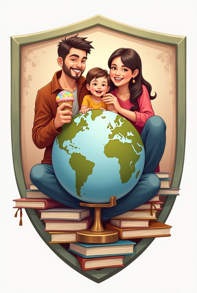 I need a shield, It should include notebooks or books, It should contain a globe with its original colors, It should include a family, An ice cream cone, All elements must be within the shield, Subtly incorporate the color pink.