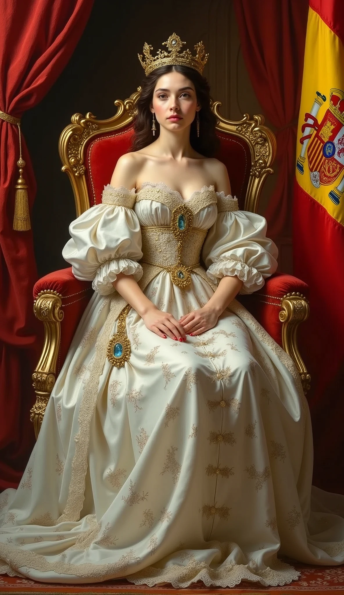 Young and beautiful Queen of Spain。whole body。Sit on a throne、Wearing the crown、Holding a scepter and a jewel。Spanish flag in the background