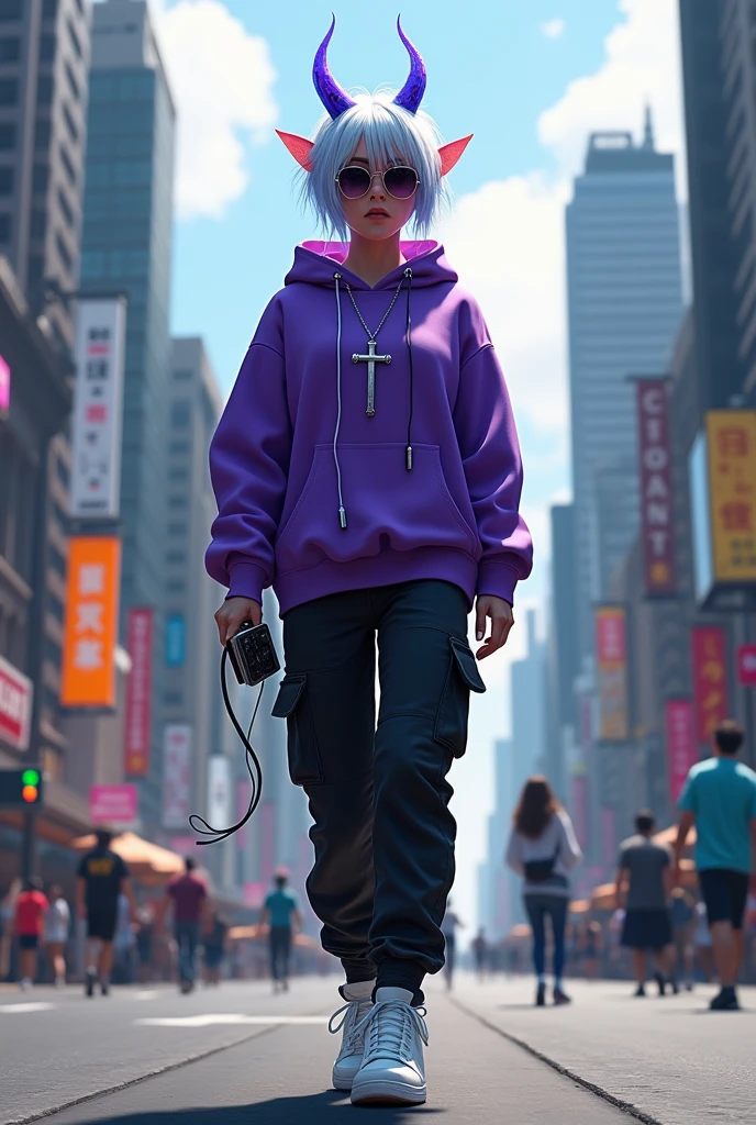 demon girl, Short white and blue hair,silver cross necklace,Sunglasses, purple sweatshirt, black cargo pants,WHITE TENNIS, earphones, holding her cell phone, walking through a big city