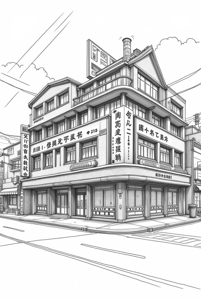 Japanese Pachinko parlor exterior line drawing