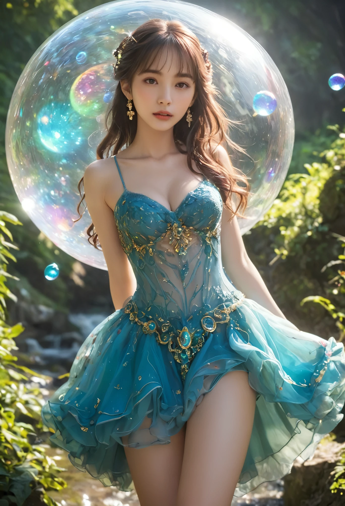 (((Exquisite))) Openwork tights, High quality details, Flowing, dynamic, (1 female), Bright Eyes, Full of energy, Fascinating front and back, Silk texture, Expressing high-quality texture, Giant bubbles, Soft Light, Full of realism, At the moment, this girl is in a fantasy world..