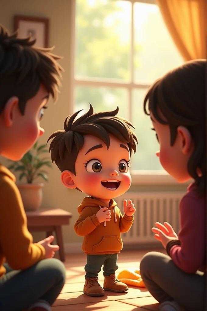 The boy Ethen talking to some people