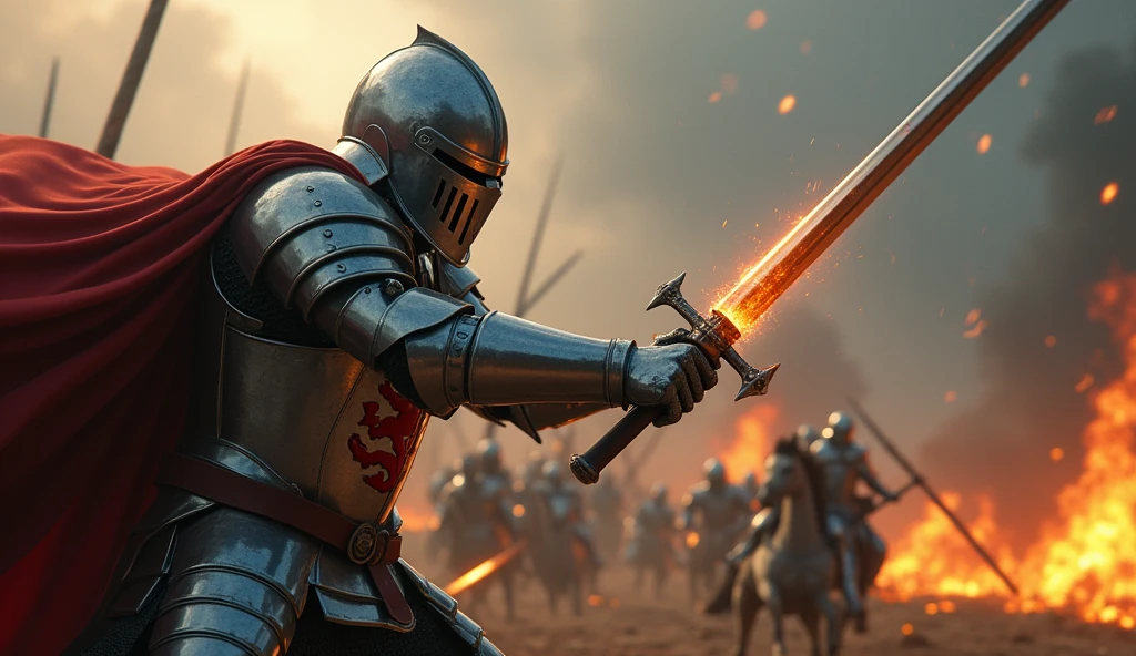 A highly realistic, high-contrast, 8K HD, detailed, hyper-detailed image of a knight delivering powerful blows with his sword, each strike captured in slow motion to emphasize the immense force and weight behind it. The knight, clad in steel armor with a lion emblem on his chest, is shown in the midst of battle, his sword clashing with the enemy's weapon. The focus is on the sheer strength and precision of each blow, with the atmosphere remaining grounded and intense, without exaggerated effects. The scene captures the raw power and determination of the knight as he fights with all his might. The image is of the highest quality, with ultra-high resolution, RAW photo quality, and Unreal Engine rendering, showcasing the knight's formidable skill and the impact of his strikes under the lion emblem.