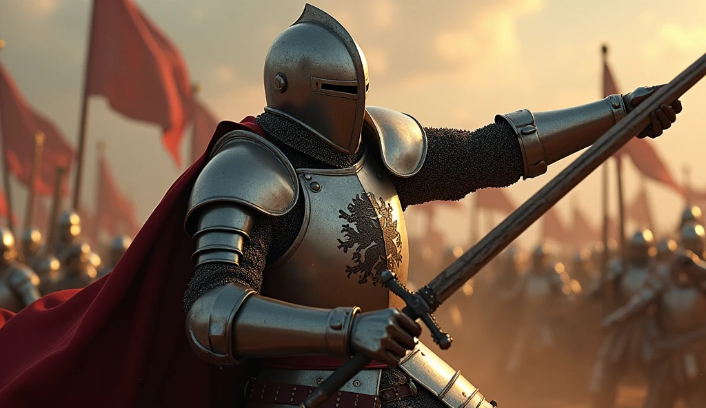 A highly realistic, high-contrast, 8K HD, detailed, hyper-detailed image of a knight delivering powerful blows with his sword, each strike captured in slow motion to emphasize the immense force and weight behind it. The knight, clad in steel armor with a lion emblem on his chest, is shown in the midst of battle, his sword clashing with the enemy's weapon. The focus is on the sheer strength and precision of each blow, with the atmosphere remaining grounded and intense, without exaggerated effects. The scene captures the raw power and determination of the knight as he fights with all his might. The image is of the highest quality, with ultra-high resolution, RAW photo quality, and Unreal Engine rendering, showcasing the knight's formidable skill and the impact of his strikes under the lion emblem.
