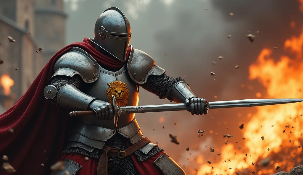 A highly realistic, high-contrast, 8K HD, detailed, hyper-detailed image of a knight delivering powerful blows with his sword, each strike captured in slow motion to emphasize the immense force and weight behind it. The knight, clad in steel armor with a lion emblem on his chest, is shown in the midst of battle, his sword clashing with the enemy's weapon. The focus is on the sheer strength and precision of each blow, with the atmosphere remaining grounded and intense, without exaggerated effects. The scene captures the raw power and determination of the knight as he fights with all his might. The image is of the highest quality, with ultra-high resolution, RAW photo quality, and Unreal Engine rendering, showcasing the knight's formidable skill and the impact of his strikes under the lion emblem.
