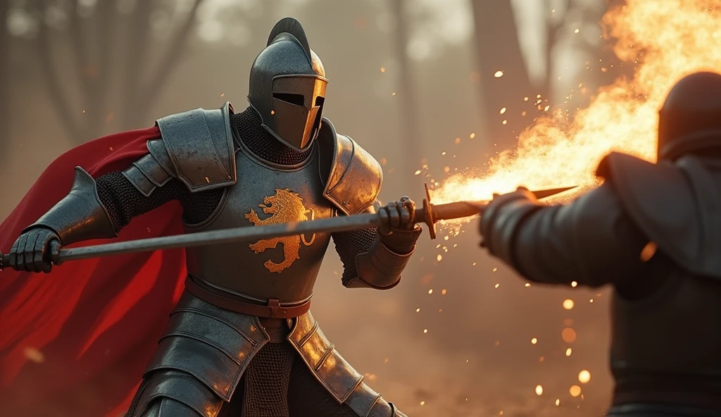 A highly realistic, high-contrast, 8K HD, detailed, hyper-detailed image of a knight delivering powerful blows with his sword, each strike captured in slow motion to emphasize the immense force and weight behind it. The knight, clad in steel armor with a lion emblem on his chest, is shown in the midst of battle, his sword clashing with the enemy's weapon. The focus is on the sheer strength and precision of each blow, with the atmosphere remaining grounded and intense, without exaggerated effects. The scene captures the raw power and determination of the knight as he fights with all his might. The image is of the highest quality, with ultra-high resolution, RAW photo quality, and Unreal Engine rendering, showcasing the knight's formidable skill and the impact of his strikes under the lion emblem.
