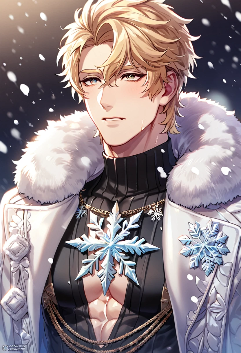 absurdres, highres, ultra detailed, HDR, master piece, best quality, extremely detailed, detailed eyes, Quincy, blonde hair, without bangs, expressive amber eyes, Nu Carnival, solo, sexy man, handsome, horny, lewd, white coat with fur, accessories, black tight turtleneck shirt, patterns, fantasy, magical, snowflakes, snow, snowing, ice, snow land, Christmas 