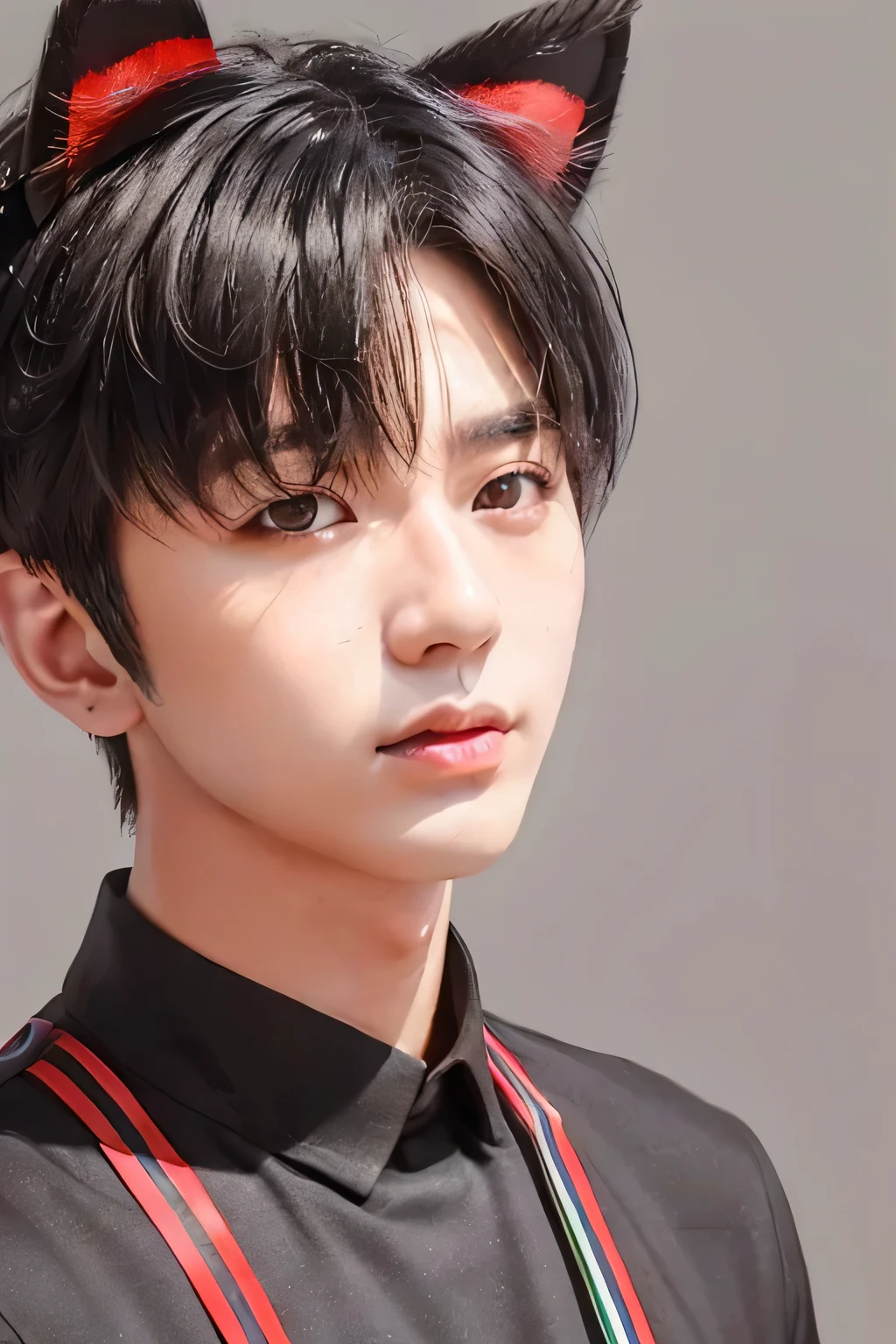 1 male、8K、Highest quality、masterpiece、(Wear dog ears:1.3)、Realistic skin texture、(Face shot close up:1.23)、Short Hair、Jet Black Hair、(A black shirt with a red stripe:1.23)、(Simple Background:1.23)、(Professional lighting and shadowing:1.4)