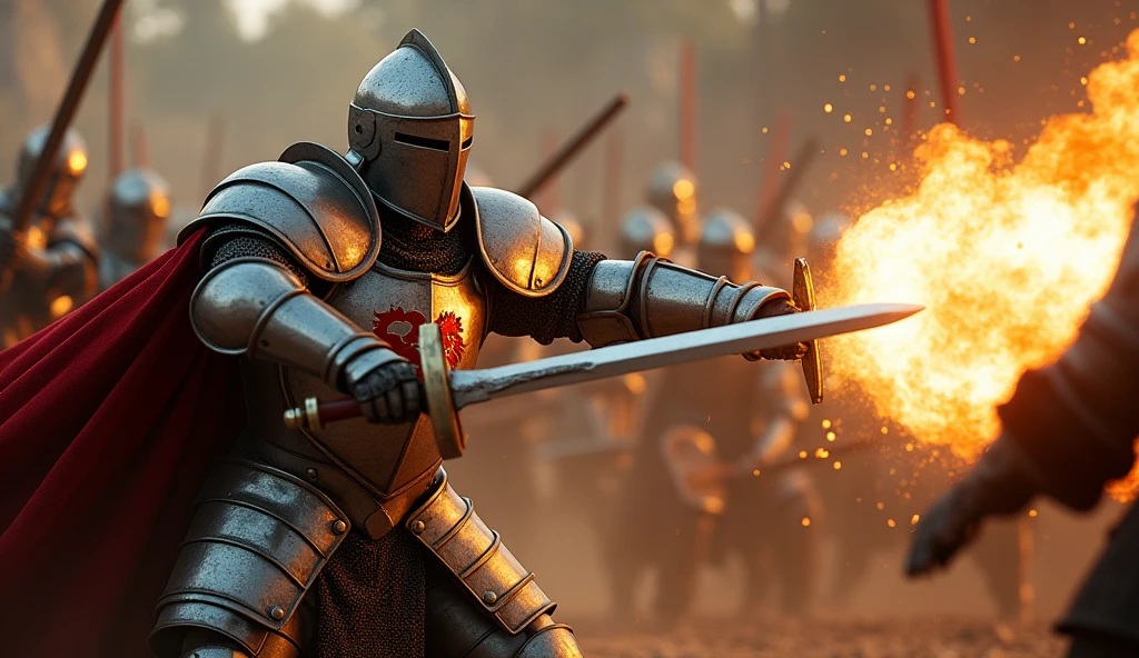 A highly realistic, high-contrast, 8K HD, detailed, hyper-detailed image of a knight delivering powerful blows with his sword, each strike captured in slow motion to emphasize the immense force and weight behind it. The knight, clad in steel armor with a lion emblem on his chest, is shown in the midst of battle, his sword clashing with the enemy's weapon. The focus is on the sheer strength and precision of each blow, with the atmosphere remaining grounded and intense, without exaggerated effects. The scene captures the raw power and determination of the knight as he fights with all his might. The image is of the highest quality, with ultra-high resolution, RAW photo quality, and Unreal Engine rendering, showcasing the knight's formidable skill and the impact of his strikes under the lion emblem.
