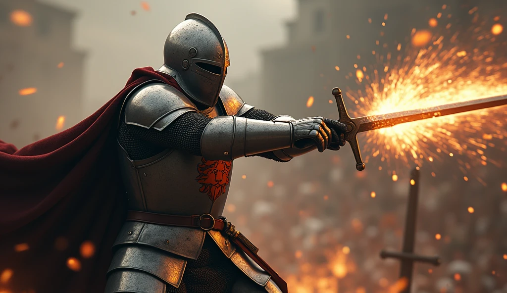 A highly realistic, high-contrast, 8K HD, detailed, hyper-detailed image of a knight delivering powerful blows with his sword, each strike captured in slow motion to emphasize the immense force and weight behind it. The knight, clad in steel armor with a lion emblem on his chest, is shown in the midst of battle, his sword clashing with the enemy's weapon. The focus is on the sheer strength and precision of each blow, with the atmosphere remaining grounded and intense, without exaggerated effects. The scene captures the raw power and determination of the knight as he fights with all his might. The image is of the highest quality, with ultra-high resolution, RAW photo quality, and Unreal Engine rendering, showcasing the knight's formidable skill and the impact of his strikes under the lion emblem.
