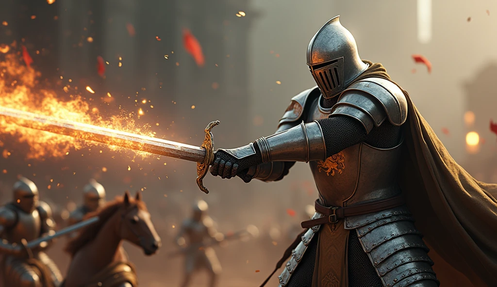 A highly realistic, high-contrast, 8K HD, detailed, hyper-detailed image of a knight delivering powerful blows with his sword, each strike captured in slow motion to emphasize the immense force and weight behind it. The knight, clad in steel armor with a lion emblem on his chest, is shown in the midst of battle, his sword clashing with the enemy's weapon. The focus is on the sheer strength and precision of each blow, with the atmosphere remaining grounded and intense, without exaggerated effects. The scene captures the raw power and determination of the knight as he fights with all his might. The image is of the highest quality, with ultra-high resolution, RAW photo quality, and Unreal Engine rendering, showcasing the knight's formidable skill and the impact of his strikes under the lion emblem.
