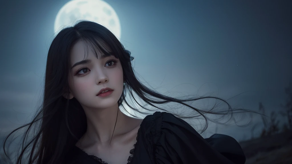 Delicate and dainty young Dracula woman with fang . She is wearing bright black. The background is a fantastic and ethereal night sky that seems to be haunted by a specter. Her expression is stern and atmospheric. 