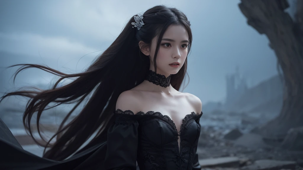 Delicate and dainty young Dracula woman with fang . She is wearing bright black. The background is a fantastic and ethereal night sky that seems to be haunted by a specter. Her expression is stern and atmospheric. 