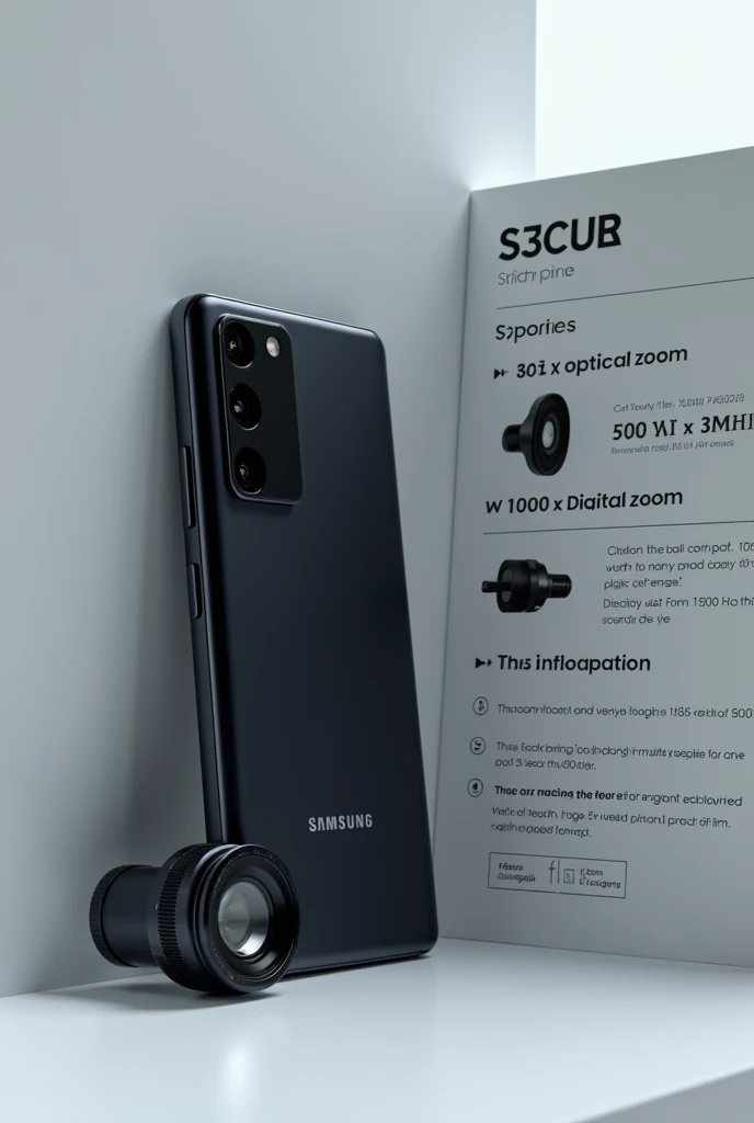 Samsung Galaxy s30 . 500x optical zoom and 1000x digital zoom . Black box . Technical sheet next to the phone . + External Zoom x120 . Charge rapide 1500 w . Ce charge en 5 seconde et dure 1 semaine ont jouant a des jeux gourmand 