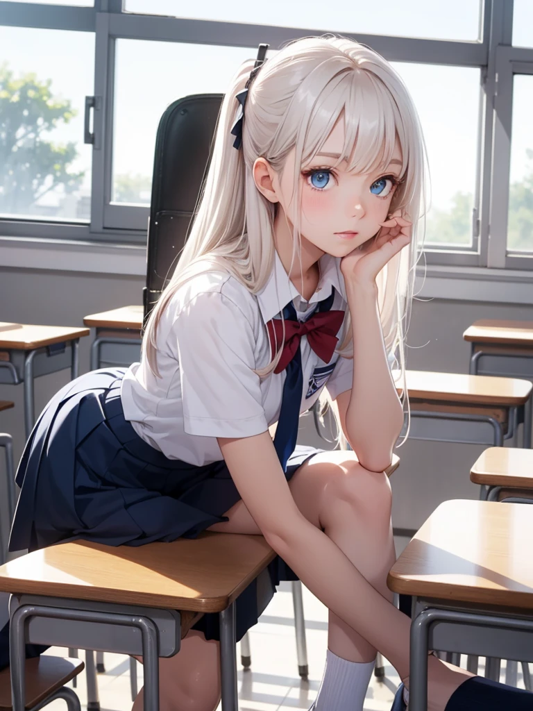 1 person, , Dynamic pose, Dynamic Angle, Pose placement,Top quality work,Show off your legs,(Long white hair),(blue eyes), Rose Cheeks, Pretty face, Perfectly balanced face, Swimwear, (School uniform), (School white shirt),School, In the classroom, round small breasts