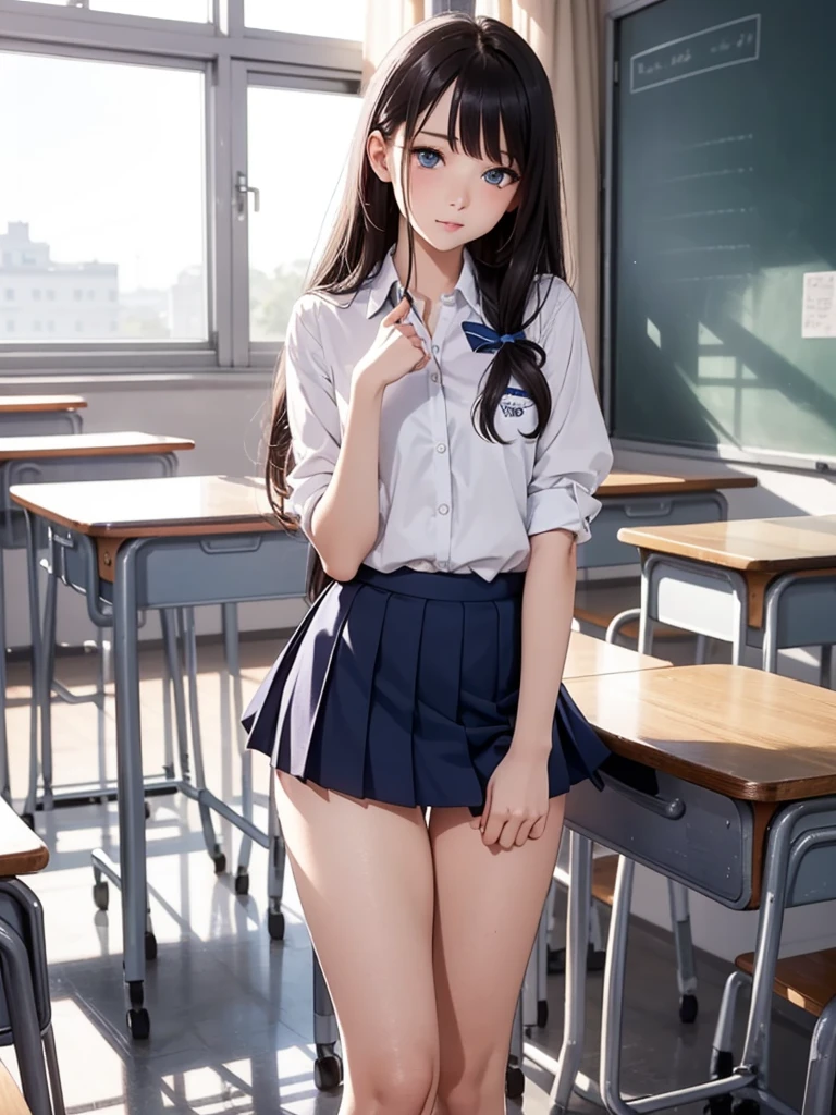 1 person, , Dynamic pose, Dynamic Angle, Pose placement,Top quality work,Show off your legs,(Long white hair),(blue eyes), Rose Cheeks, Pretty face, Perfectly balanced face, Swimwear, (School uniform), (School white shirt),School, In the classroom, round small breasts