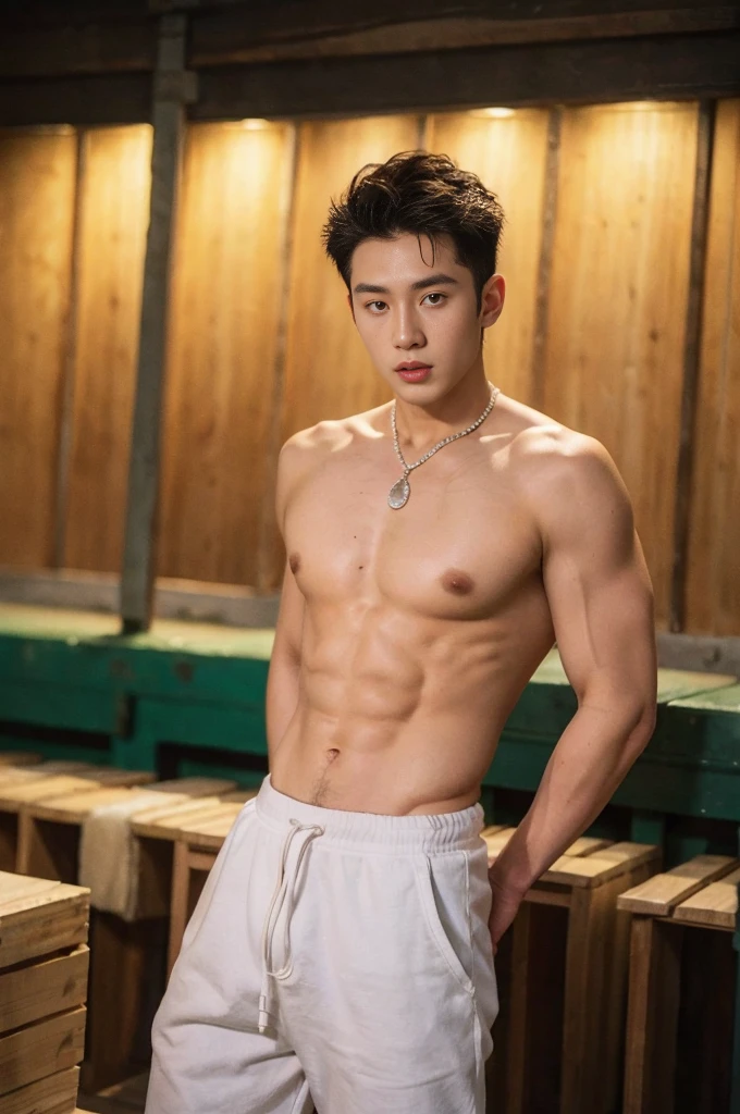 1 handsome Chinese guy，26 years old，Athletic male model studying sports，A handsome guy wearing a purple slim-fitting sportswear and white sweatpants，The neckline is slightly open, Form-fitting fabric contours the bust，in a remote warehouse，hands tied behind back。hands tied behind back，Masculine and handsome，High，Muscles look good，hairy body，Wheat complexion，black eyes（thin eyes 1：3），whole body image
