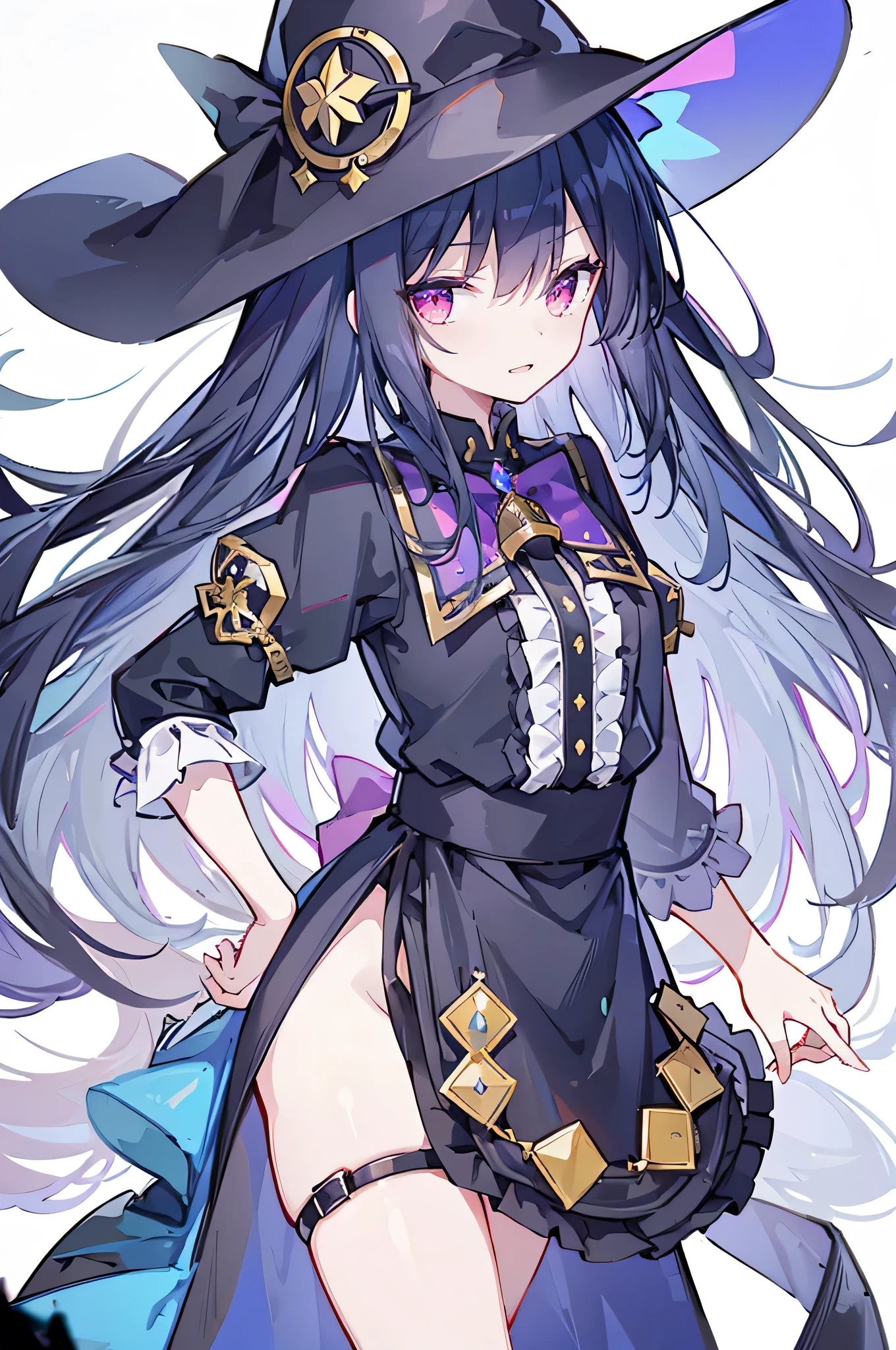 oung Girls,Humanity,A magician always smiles,big witch hat,cute,dark blue long hair,The eyes are dull,The bangs are heavy,Thin eyebrows,fantasy,intake,Double teeth,Star Theme,Constellation pattern,Solid color clothetal decoration,cloak,A bit of a dark atmosphere,A little crazy smile,When the big moon shines outside at night,blood,Hair black star embellishment,Short tie,No nails,High waist skirt,Bell sleeves,Long-sleeved shirt,Black tie,low risk,gentlemen。Mist、Yellow and white effect,Shocking pink as an accent color
