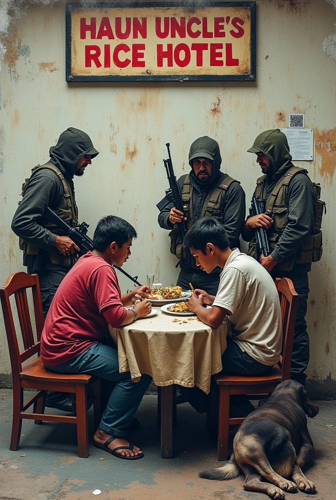 A graphity which shows some bangladeshi gunmen standing besides the chair pointing their guns to the dining table where 7 bangladeshi University young students sitting on chair are forced to eat at the dining table, a big dog named is sitting on the chair at the other side of the table and he is sucking his ball. On the wall written "Haun Uncle's Rice Hotel".