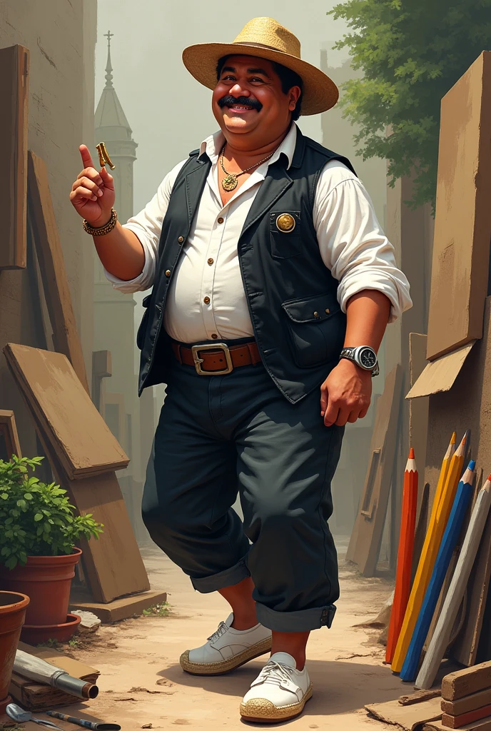 Create an image of a character that represents the institutional image of contemporary art types like legends, friendly, that contains an adult face, charismatic, his clothing has a white shirt, black wool vest, cloth pants, white cabuya espadrilles, toquilla straw hat, Latin American complexion, middle Ages, short ears, that has elements of an artist, like colored pencils, cardboard, paintings, technological resources for arts; His face must have natural eyes, splattered nose, smiling mouth; the character must be in a dynamic pose in motion, in perspective that shows dynamism and movement in his body.