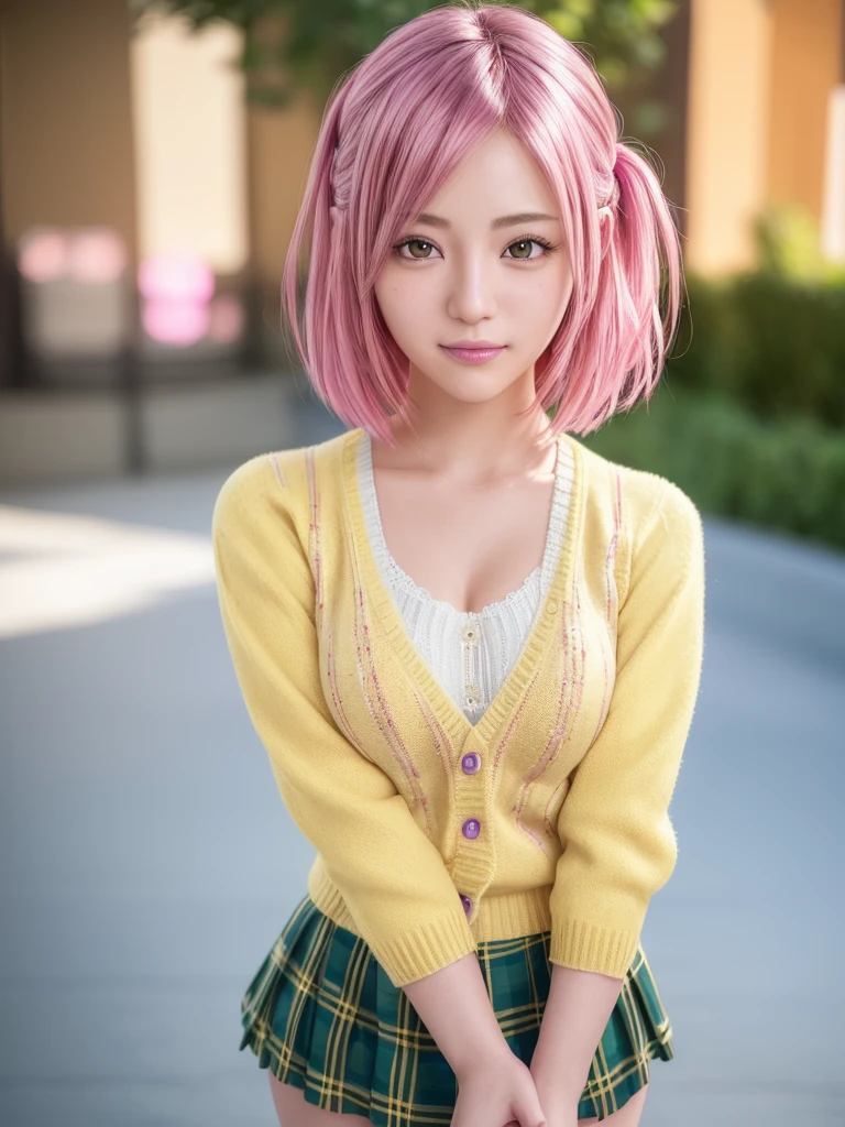 ph momo, momohd, phmomo, solo, 1girl, pink hair, purple eyes, short hair, hair flower, sweater vest, ,(yellow sweater:1.2), big eyes, plaid skirt, black thighhighs, (masterpiece:1.6, best quality), (finely detailed beautiful eyes: 1.2), ultra-detailed, illustration,beautiful detailed eyes, (yandere:1.4), (empty eyes), backlighting, looking at viewer, blush, smile, (masterpiece, finely detailed beautiful eyes: 1.2), detailed eyes, hyper detailed,light smile, highly detailed, beautiful, small details, ultra detailed, best quality, intricate, hyperrealism, sharp, digital illustration, detailed, realism, intricate, 4k, 8k, trending on artstation, good anatomy, beautiful lighting, award-winning, photorealistic, realistic shadows, realistic lighting, beautiful lighting, raytracing, intricate details, moody, rule of thirds, masterpiece, (illustration:1.1), highres, (extremely detailed CG, unity, 8k wallpaper:1.1), beautiful face, highly detailed face, ultra realistic, masterpiece, bokeh, pink hair,extremely detailed, intricate, zoomout, colorful, vibrant colors, red nail polish, side view,standing,whole body,green skirt, plaid, plaid skirt, sainan high , , skirt, sweater vest,