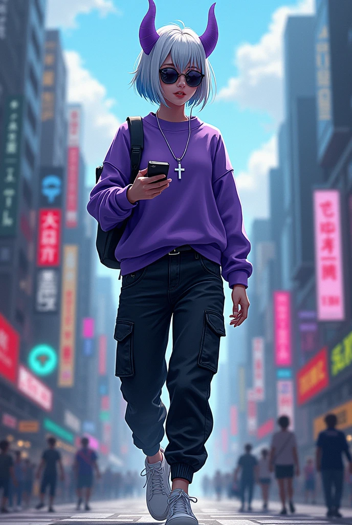 demon girl, Short white and blue hair,silver cross necklace,Sunglasses, purple sweatshirt, black cargo pants,WHITE TENNIS, earphones, holding her cell phone, walking through a big city 