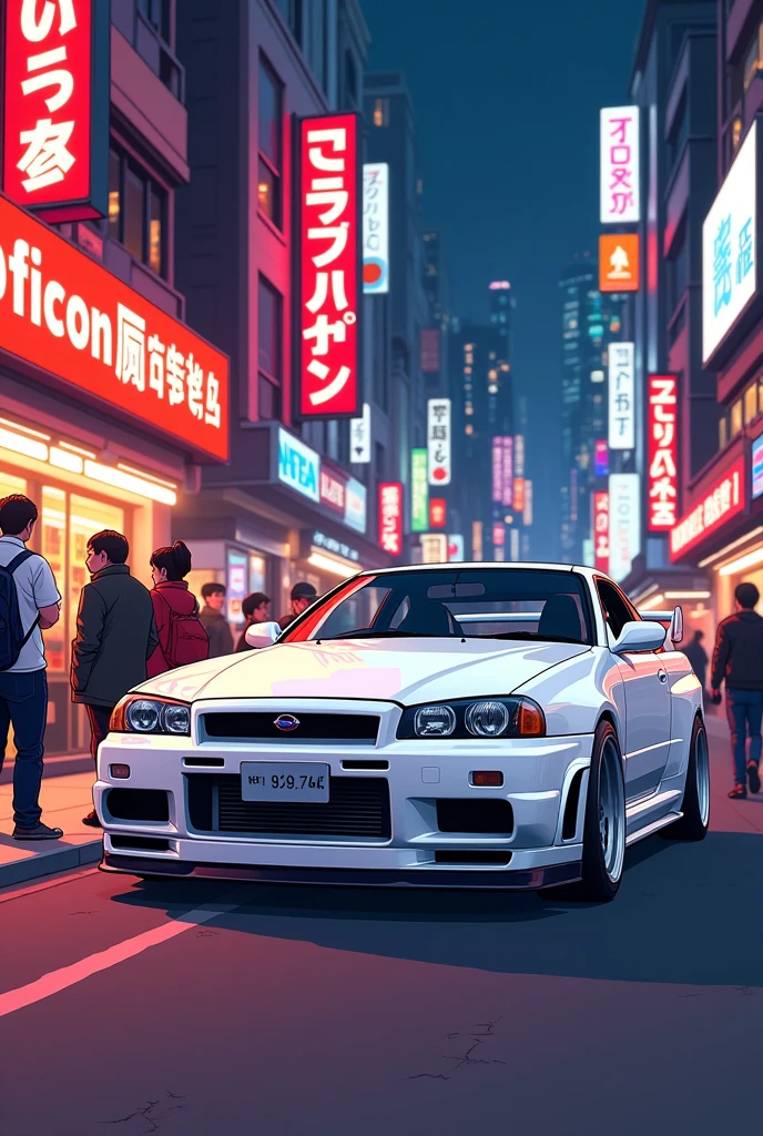 A white Nissan Skyline GTR R34 drawn in cartoon style, On the streets of an anime city, brightly lit with people walking down the street and watching the car, the city looks a little reddish and very beautiful, wallpaper pa4k, 4 k wallpaper, for computer