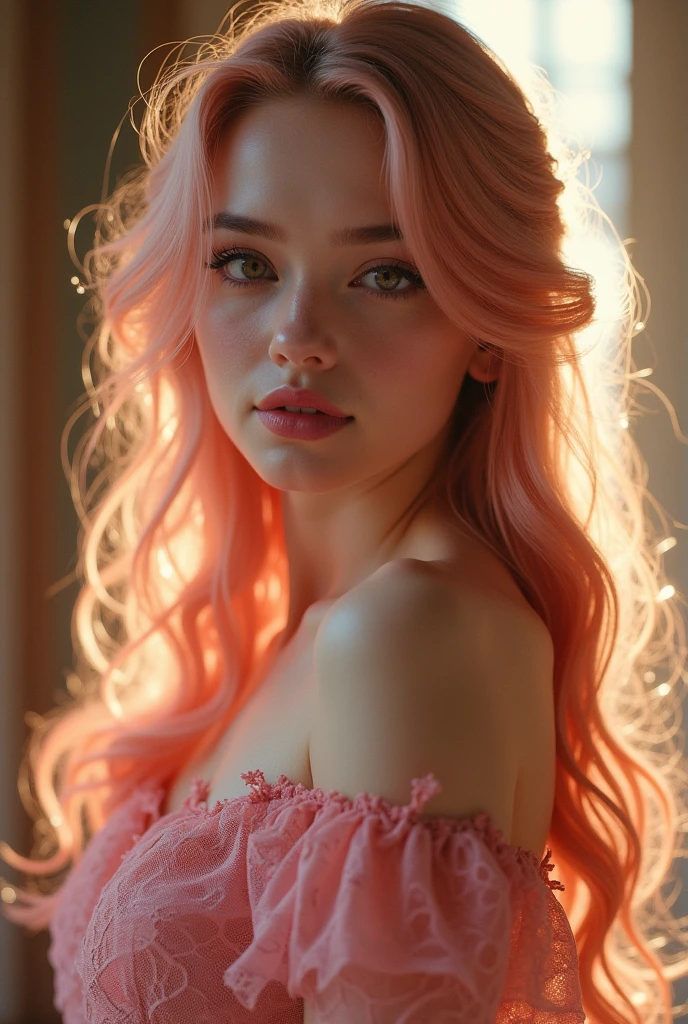 A 25 years old woman with pale skin and long, wavy rose_gold hair. large and magenta colored eyes, full lips with a pronounced cupids bow, with an adorable, and innocent face. She should have a happy expression, wearing a pink, gold, and rose gold colored dress, with an elegant and spider web lace theme, something that emphasizes her sweet and compassionate personality. Overall, her appearance would be striking, attracting curious looks. small chested, slender, petit, cinematic lighting, chromatic aberration, backlighting, masterpiece, high details, high quality, 4K.