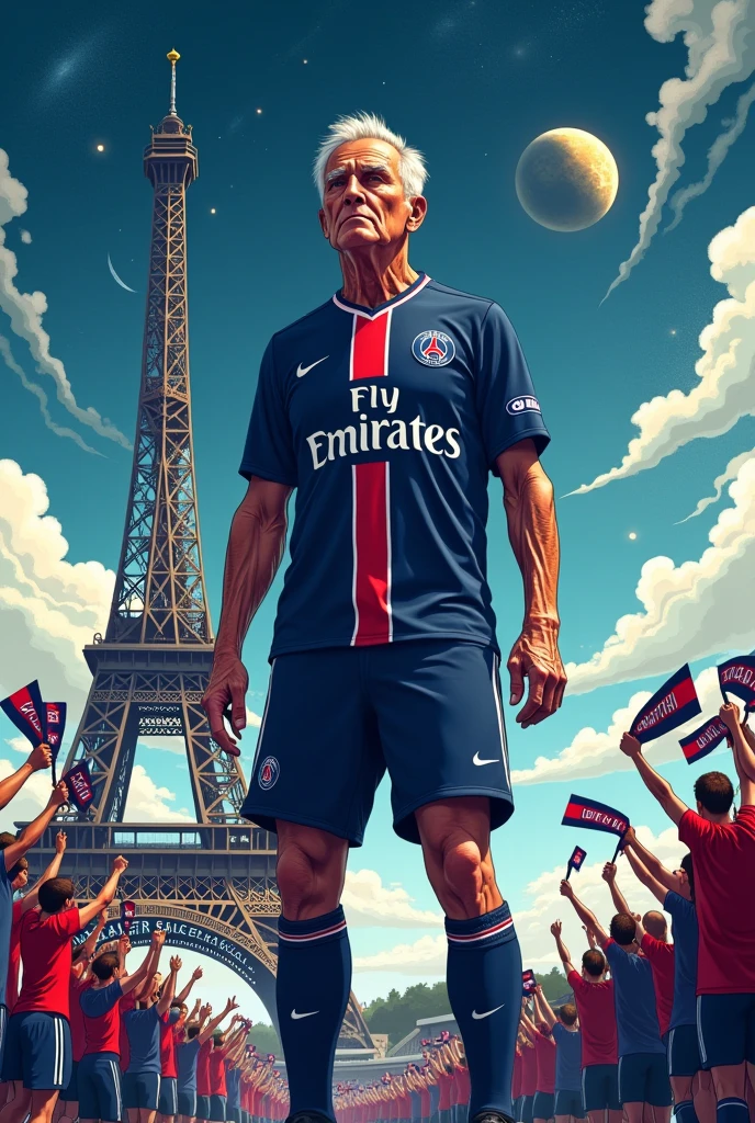 Un joueur de football (mais qui a 60 ans) en manga qui porte le maillot du paris saint germain dans l'espace avec des représentations de la tour eiffel et du parc des princes, il doit être au milieu de l'image et regarder tout droit. En fond il y a des supporters brandissant des echarpes Ultra auteuil et des fumigènes. Image qui représente l'espoir la fidélité