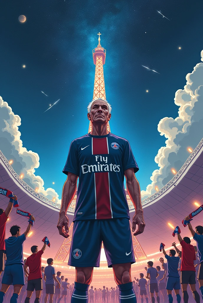 Un joueur de football (mais qui a 60 ans) en manga qui porte le maillot du paris saint germain dans l'espace avec des représentations de la tour eiffel et du parc des princes, il doit être au milieu de l'image et regarder tout droit. En fond il y a des supporters brandissant des echarpes Ultra auteuil et des fumigènes. Image qui représente l'espoir la fidélité