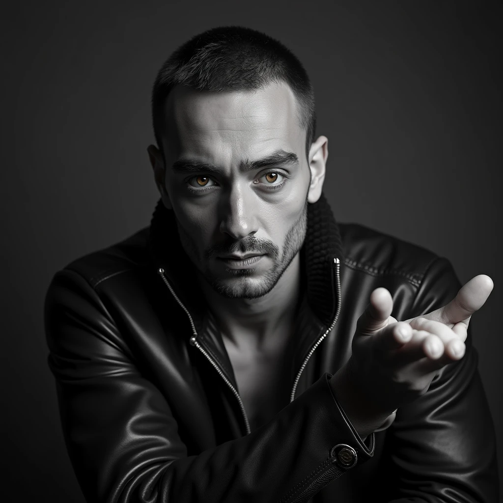 A black and white photo of a man seen from three-quarters towards the right side. Il n'a ni moustache ni barbe et le visage très blanc. The photo is taken from the level of his pectorals to the top of his hair. Il a le visage legerement penché vers le bas.. Il a les yeux de deux couleurs différentes, one light and the other dark. he's wearing a soft leather jacket zipped up to his neck. Sa main droite est posé à plat sur le haut de son torse. His left arm is bent upwards, la main tendu comme s'il nous faisait signe,fingers stuck together and raised, with the back of the hand facing us. Elle arrive tout en haut à droite de la photo.
Le fond de la photo est une nuance de gris sombre et de gris plus clair..