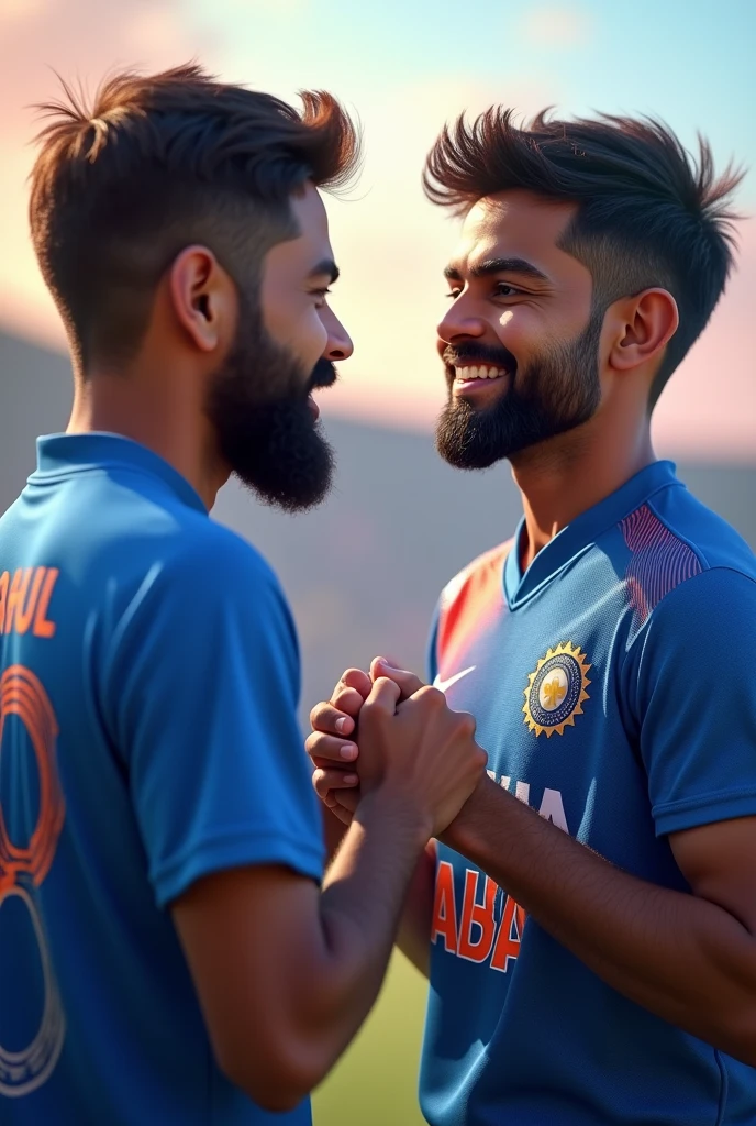 A boy wearing indian jersey with written "TheRahul" and jersey number 18 shaking hands with Virat Kohli real face