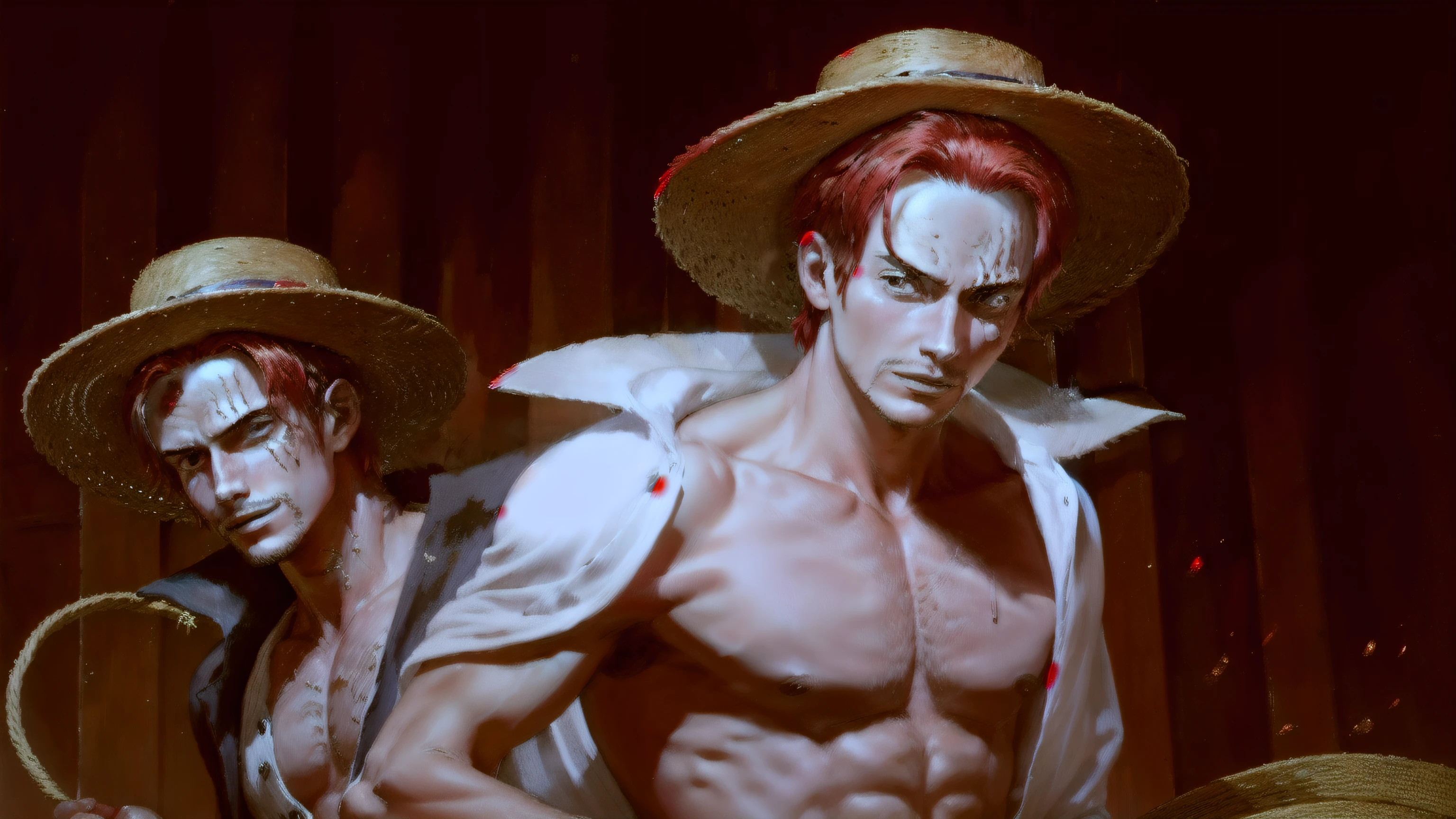 (masterpiece, best quality), intricate details,
1boy, man, red hair, straw hat, Shnks, shanks \(one piece\), scar on face, high quality , devil