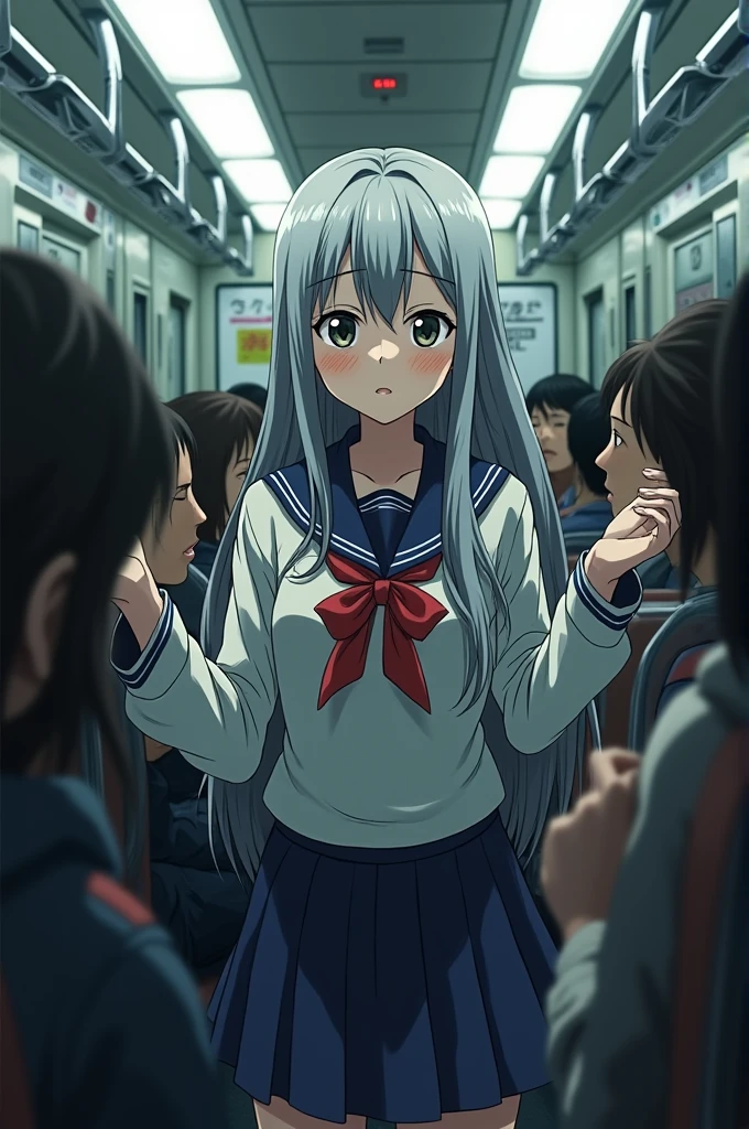 Anime、A silver-haired, long-breasted high school girl in uniform is molested on a train