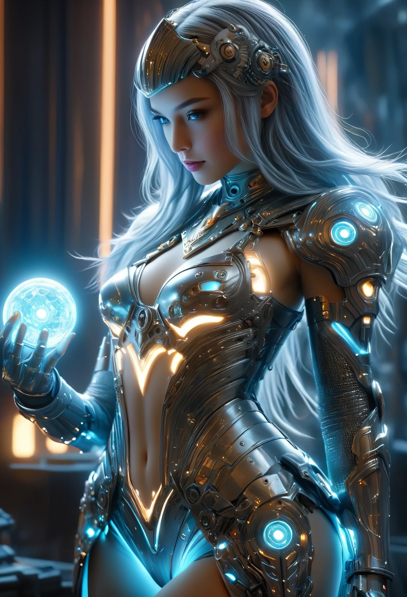 (Best Quality, 4K, 8K, High Resolution, Masterpiece: 1.2), (Super Detailed, Realistic, Photorealistic:1.37), A woman in futuristic clothing, (erotic and sexy:1.4), Trending on cgstation, Trending on cgstation, (Portrait of a girl in the Knights of the Zodiac:1.4), (blunt bangs:1.7), Cute Cyborg Girl, Perfect android girl, Portrait Astronaut Girl, Beautiful girl cyborg, Girl wearing pale blue iridescent mechanical cyber armor, Game CG, cgsociety and fenghua zhong, Beautiful Cyborg Shrine Maiden, Bioluminescence, (Gal Gadot:0.6), Anatomically correct grip, Anatomically correct four fingers and one thumb, (long claws:1.4), erotic and sexy, A gorgeous cape with beautifully detailed embroidery, energy ball