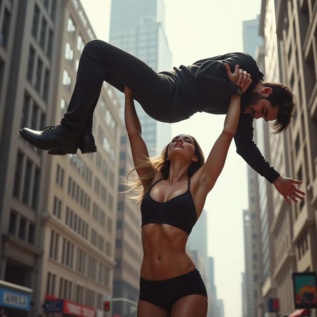 Beautiful Girl lifting a man high over her head with her strong arms. She is standing on a street with tall buildings in the background. 