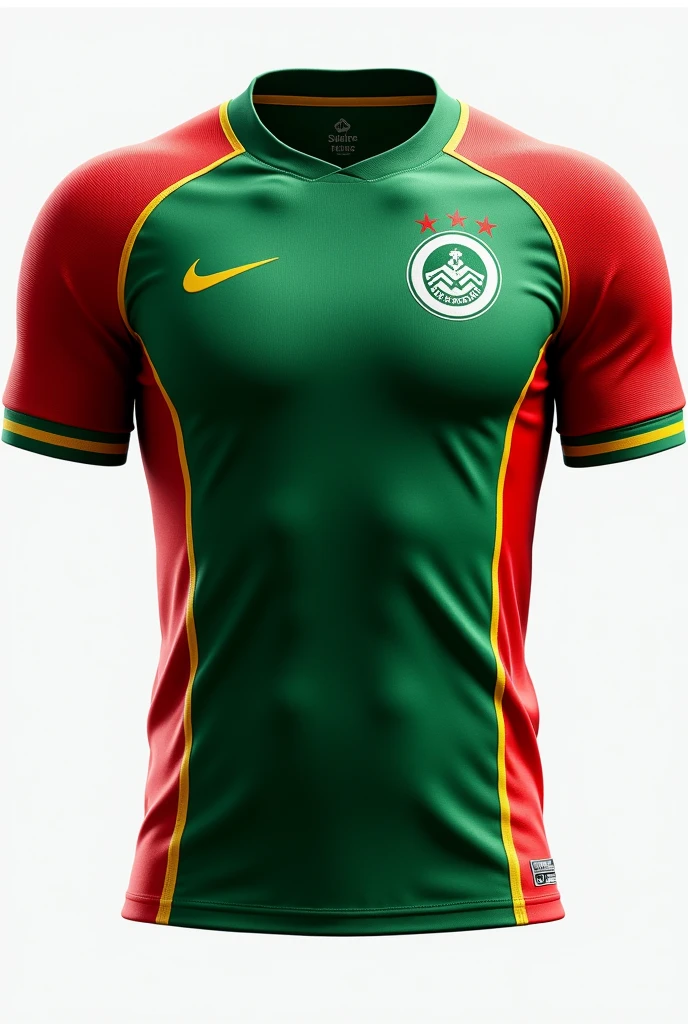 Make a football jersey template where deep green and red color will mixed. Ad white and yellow color.