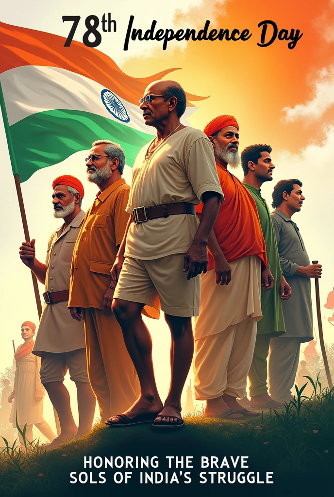 "Create a vibrant and powerful poster commemorating the 78th Independence Day of India. The poster should feature key Indian freedom fighters, including Mahatma Gandhi, Jawaharlal Nehru, Subhas Chandra Bose, Sardar Vallabhbhai Patel, Bhagat Singh, Rani Lakshmibai, and Sarojini Naidu, all depicted as standing united in their struggle for . The background should include elements like the Indian tricolor flag waving majestically, an abstract representation of historical events such as the Dandi March, and symbolic imagery of unity and resistance. The poster should have a modern artistic style with dynamic lighting and colors that convey the spirit of independence. Include the text '78th Independence Day' at the top in bold, elegant font, and 'Honoring the Brave Souls of India's  Struggle' at the bottom."
