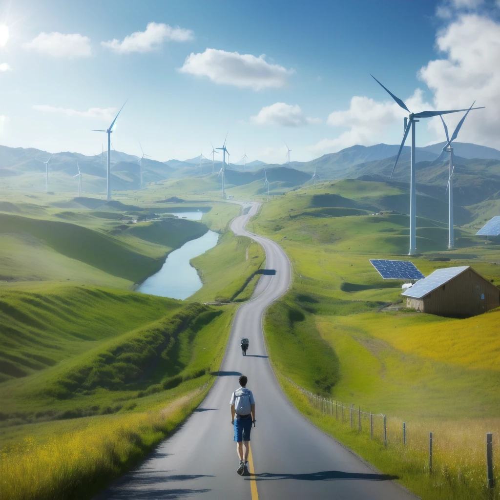 arafed image of a boy walking down a road with wind turbines and solar panel in the background, realistic