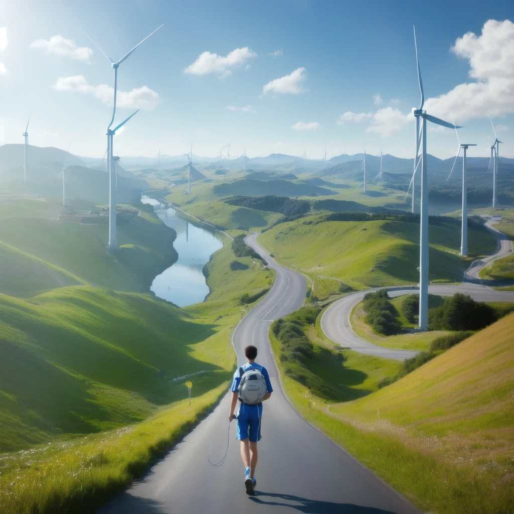 arafed image of a boy walking down a road with wind turbines and solar panel in the background, realistic