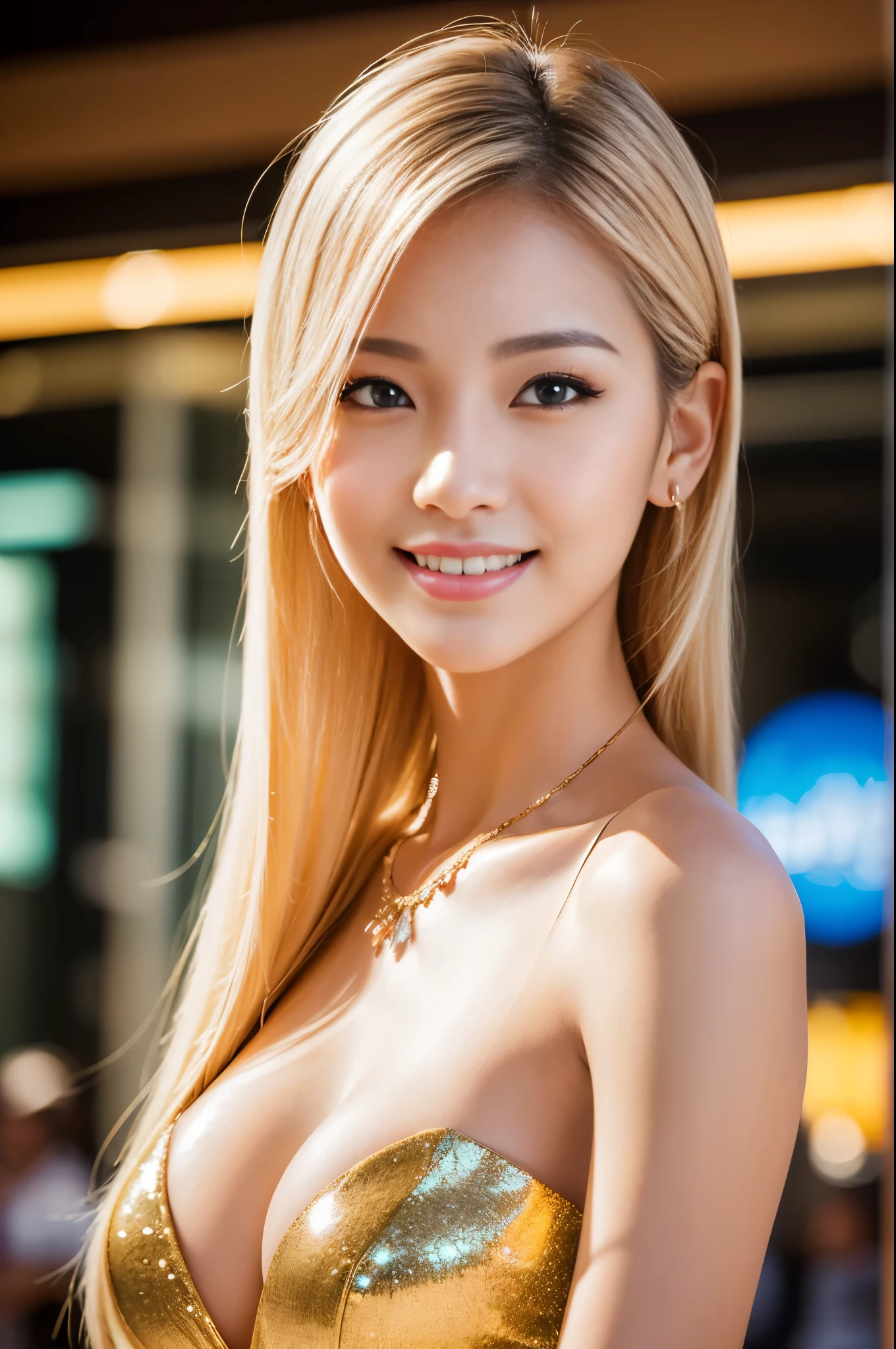 (masterpiece:1.4), (best quality:1.4), ultra high res, ultra high resolution, ((detailed facial features)), HDR, (realistic, photorealistic, photo-realistic:1.37), closeup, sexy seductive Thai woman, (seductive smile), long lashes, beautiful makeup, platinum blonde hair, fair skin, slender figure, elegant posture, wearing large sparkling colorful jewelery, wearing a business style leather dress, standing in a large shopping mall, gentle sunlight shining through the shopping mall windows, casting a soft glow on her face, adding warmth to the scene, vibrant colors, capturing the essence of vibrant city life, portrait style, showcasing her natural beauty and grace in a feminine way