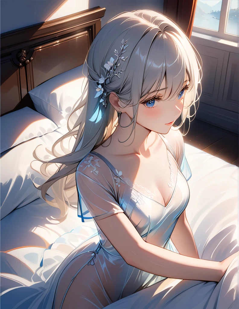 masterpiece, top quality, Super details, 8K, Detail lights, Detailed shadows, raw, (delicate skin), (real: 1.2),, 1 girl, silver hair, White sexy transparent dress,Eye close-up,bed