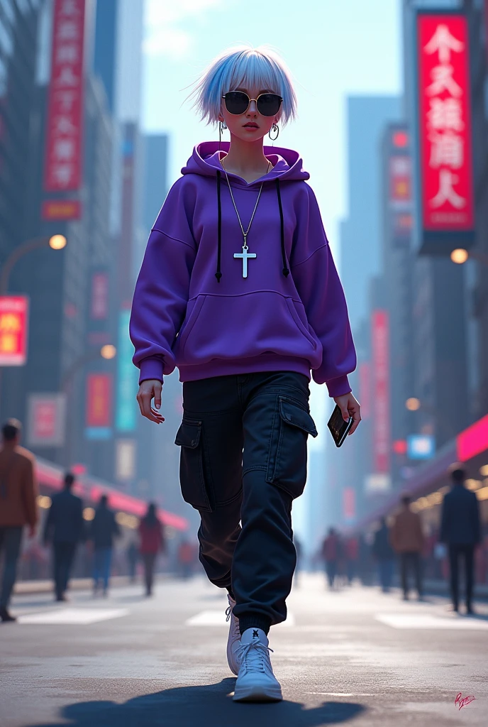 demon girl, Short white and blue hair,silver cross necklace,Sunglasses, purple sweatshirt, black cargo pants,WHITE TENNIS, earphones, holding her cell phone, walking through a big city 