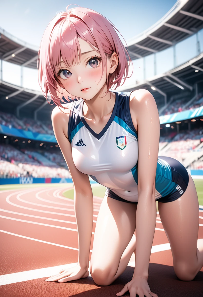 Women's Olympians,(((Player uniforms), (Shiny costumes))), (belly button), skindentation, skinny, alone, 1 female, masterpiece, Highest quality, Highest quality, 16K, Unbelievably absurd, Very detailed, 2.5D, AI-generated, delicate and dynamic, Very delicate look, Delicate eye depiction, erotic, only sexy woman, ((Cute and gentle face)), Healthy body shape, ((25-year-old woman)), Height: 160cm, Medium firmness and swaying bust, , (short hair), (Pink Hair:1.5), Bobcut, black eye, blush, Sweat,Embarrassing,sexy, ((Thin thighs)), (Camel Toe:0.7), (Nipples are visible:0.5), (Erect nipples,:0.7), Shiny, Facing directly at the viewer, (((In the heat))), ((Oily_skin)), ((Dutch Angle)), ((erotic pose)), ((On all fours)),, Athletics stadium and Olympic venue on a sunny day,