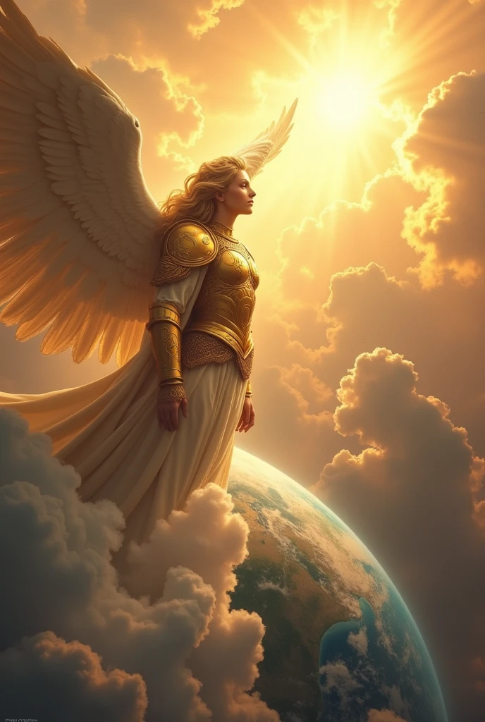 Realistic and cinematic image of some angels in the sky above the clouds looking straight down to the earth. These angels should be shown with shining golden armor, with the appearance of strong and beautiful warriors. Beyond being in the clouds, This image should also show the sun with a wonderful glow to show the beautiful creation of God. The focus of this image is planet Earth and the angels should be looking at it. Planet Earth should occupy 60 percent of the entire image,  and it should be at the bottom of this image and the angels,  the clouds and the sun should be at the top of this image that will be created
